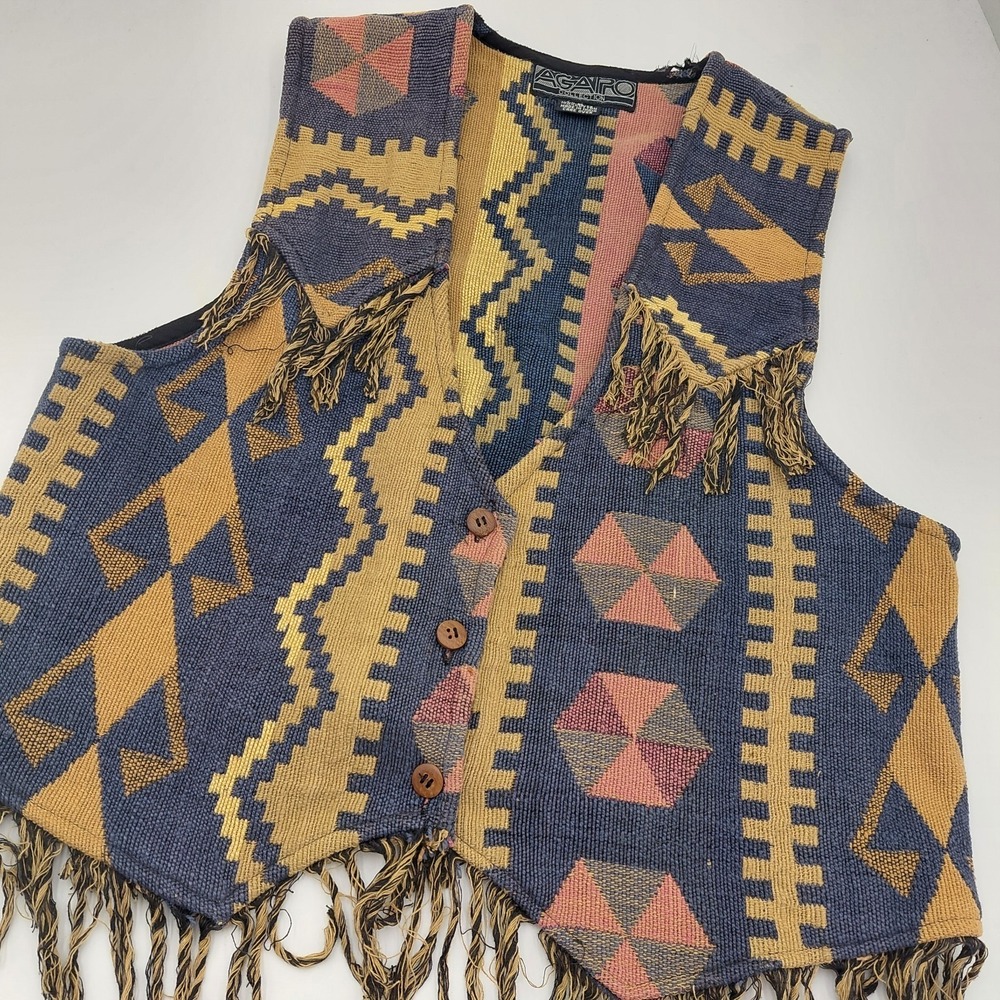 Vtg 90s Agapo Tapestry‎ Vest Womens L Aztec Western Fringe Festival Rodeo Boho